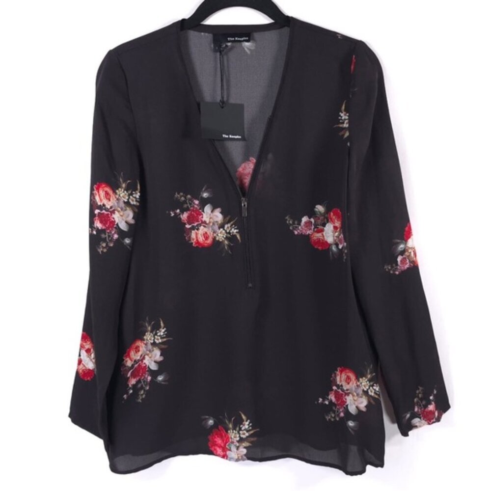 NWT‎ THE KOOPLES 100% SILK Black Floral Print Zip-Up V Neck LS Blouse Size 1